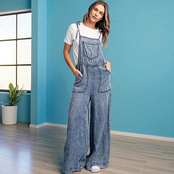 Ee-some Acid Washed Wide Leg Lightweight 25" Inseam Denim Overalls Women's S - Picture 1 of 14